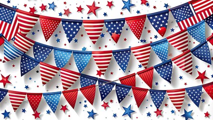 Obraz premium Vibrant patriotic banner with American flags, stars, and red-white-blue color scheme, perfect for election day events, political campaigns, and civic engagement promotional materials.