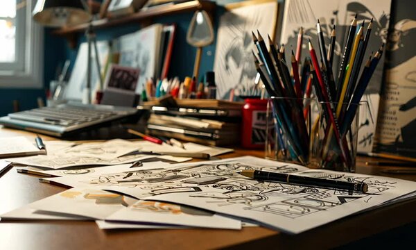Concept art sketches spread out on a desk filled with drawing tools