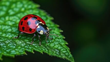 Naklejka premium A red ladybug with black spots sits on a green leaf.