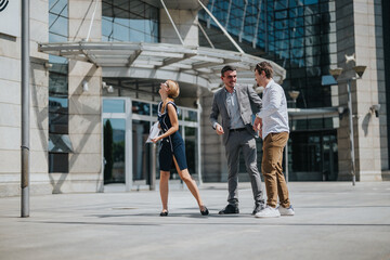 A group of business professionals laughing and bonding outside a modern office building, representing collaboration and positive workplace relationships.