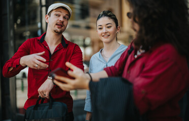 Obraz premium Young business associates having a conversation outdoors, showcasing teamwork, collaboration, and communication.