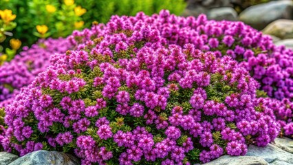 Obraz premium Vibrant pink and purple blooms of compact, dense Thymus citriodorus Aureus shrub create a stunning groundcover, perfect for floral alpine slides against a natural background.