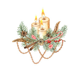 Candles burning in fir branches with pine cones, caramel, cinnamon, feathers, chains and berries watercolor illustration. Plants for winter Christmas and New Year's decor. Isolated from the background