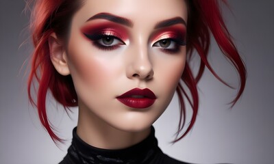 Fototapeta premium A close-up portrait of a young woman with red hair, with dramatic red and black eye makeup and bold red lipstick 