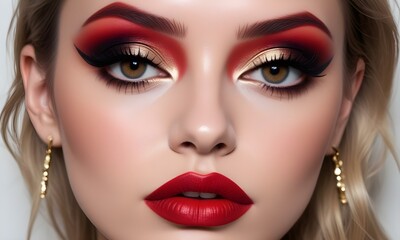 Fototapeta premium A close-up portrait of a woman with dramatic red eye makeup, bold eyeliner , and elegant red lips.