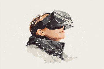 A woman in a snowy environment uses a VR headset to explore a digital world merging the cold harsh surroundings with the immersive warmth of virtual reality