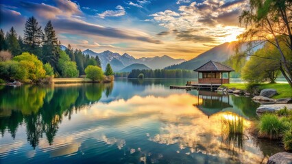 Fototapeta premium Sophisticated scenes unfold in a tranquil atmosphere, where lush greenery whispers secrets to gentle breezes, and warm sunlight filters through leafy canopies.