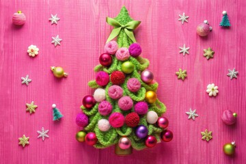 Vibrant pink background showcases a whimsical wool Christmas tree, adorned with shiny ornaments and a ribbon, perfect for New Year's greeting cards and festive holiday designs.
