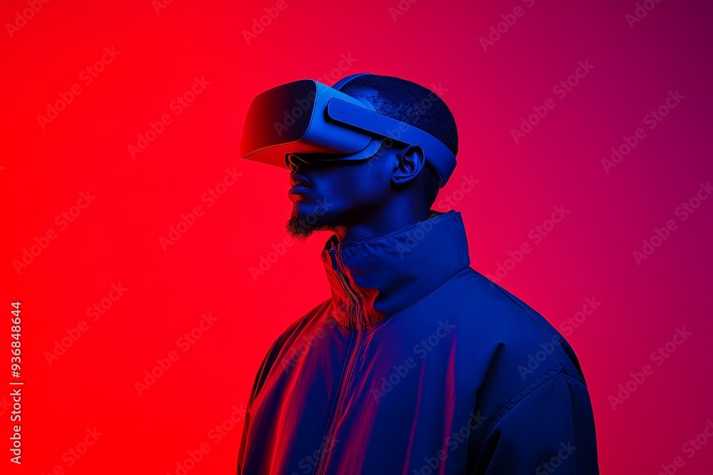 Poster a man standing against a bold red background experiences a futuristic digital world through his vr h