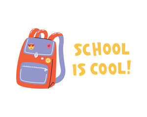 Student backpack with emoji pin badges. Colorful retro bag with short saying. Beginning of academic year concept design. Back to school lettering print isolated. Hand drawn flat vector illustration