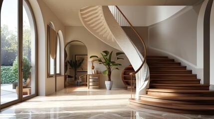 Obraz premium Modern Interior Design with Curved Staircase and Natural Light