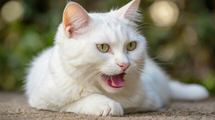 Close-up of a white cat with green eyes meowing outdoors