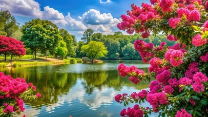 Fototapeta premium Vibrant pink crape myrtle blooms adorn a picturesque summer landscape, with lush green leaves and a serene lake in the background.