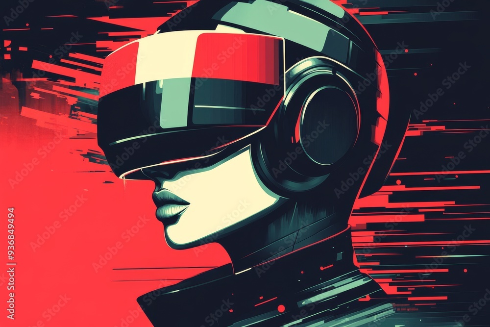 Poster a futuristic individual in a red and black helmet explores a high tech digital world through a vr he