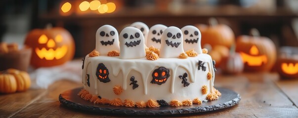 Ghost cake decorated with spooky designs, perfect for a Halloween party centerpiece, Festive, Warm Glow, Detailed