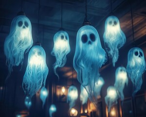 Ghost decorations hanging from the ceiling, swaying gently in the eerie light, Creepy, Cool Tones, Atmospheric