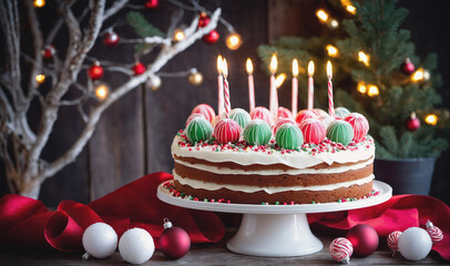 A birthday cake with lit candles sits on a white cake stand in front of a festive Christmas tree