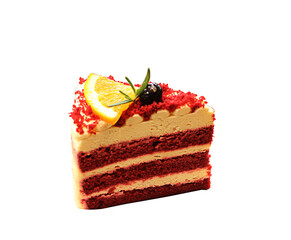 slice of cake with a lemon on white