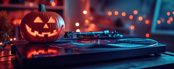 Halloween playlist on a vintage record player, setting the mood with spooky tunes, Festive, Warm Glow, Nostalgic