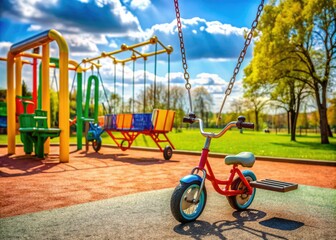 Vibrant playground scene featuring a multicolored spring bike swing, surrounded by empty play equipment, awaiting children's laughter and energetic play on a sunny day.