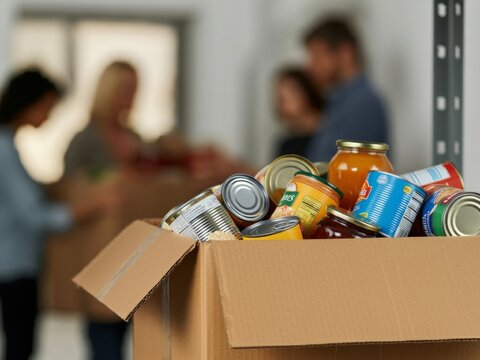 Cardboard box filled with canned goods and nonperishable food, out of focus people in the background - Emergency Food Stock, Humanitarian Aid, SNAP Assistance Program