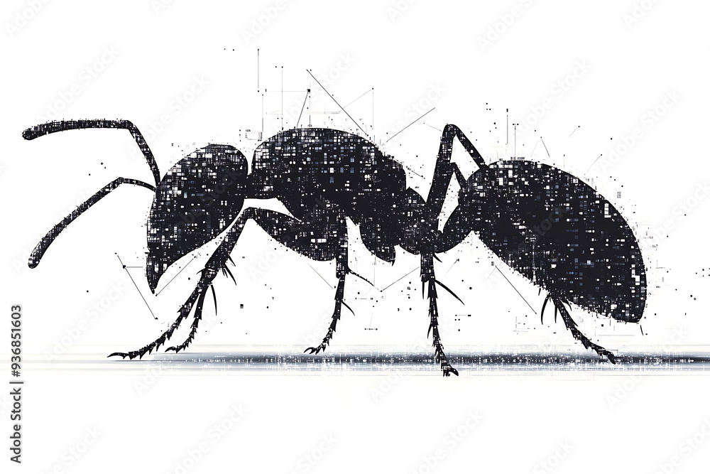 Poster a detailed digital wireframe illustration of an ant, featuring pixelated effects and abstract geomet