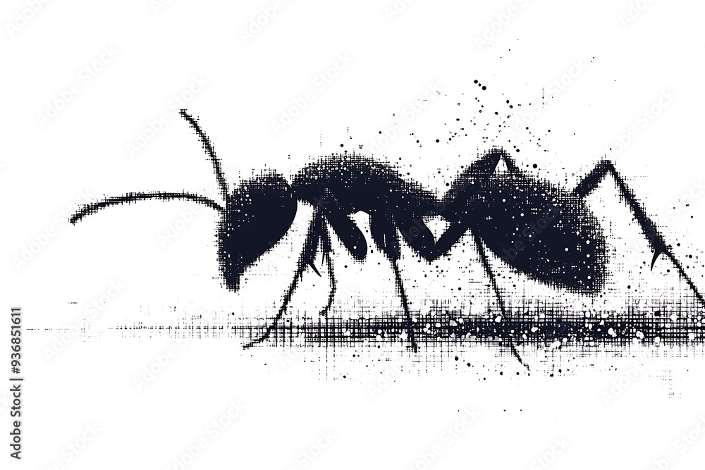 Poster a detailed digital wireframe illustration of an ant, featuring pixelated effects and abstract geomet