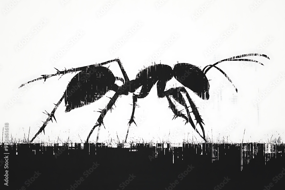 Poster a detailed digital wireframe illustration of an ant, featuring pixelated effects and abstract geomet