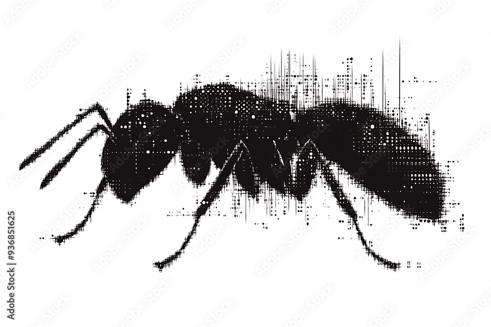 Poster a detailed digital wireframe illustration of an ant, featuring pixelated effects and abstract geomet