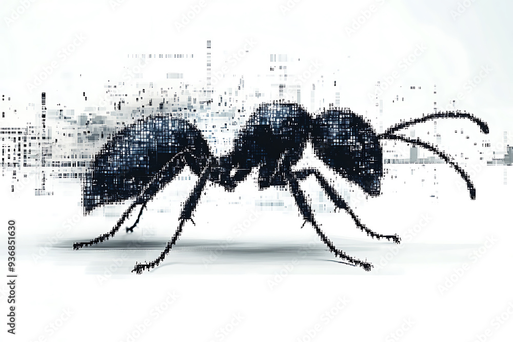 Poster a detailed digital wireframe illustration of an ant, featuring pixelated effects and abstract geomet
