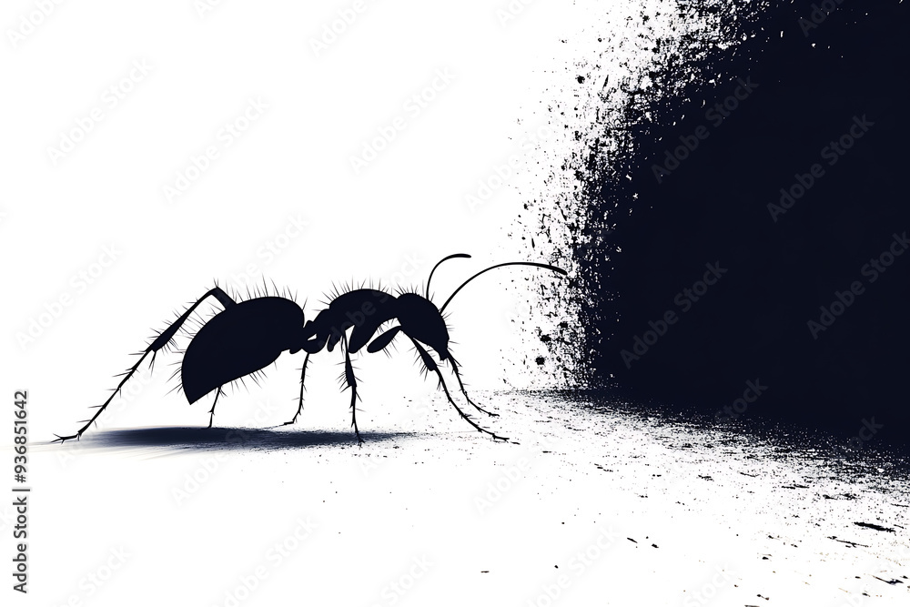 Poster a detailed digital wireframe illustration of an ant, featuring pixelated effects and abstract geomet