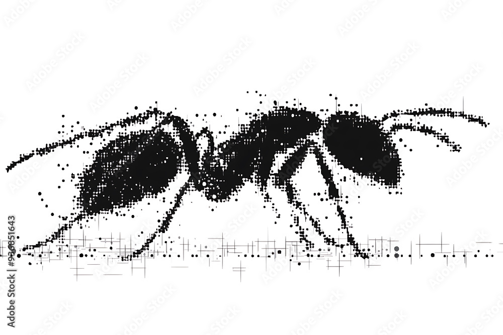 Poster a detailed digital wireframe illustration of an ant, featuring pixelated effects and abstract geomet