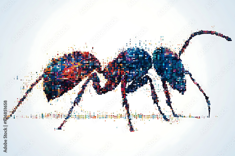 Poster a detailed digital wireframe illustration of an ant, featuring pixelated effects and abstract geomet