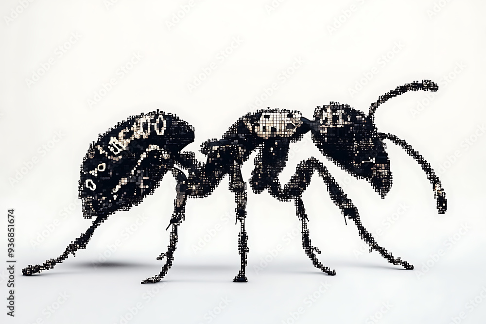 Poster a detailed digital wireframe illustration of an ant, featuring pixelated effects and abstract geomet