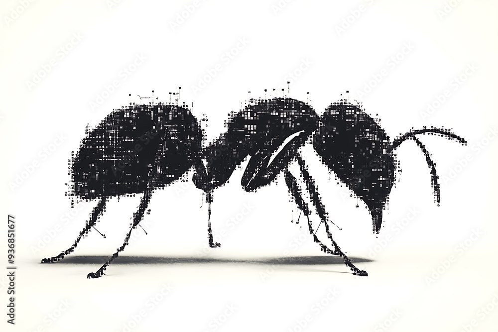 Poster a detailed digital wireframe illustration of an ant, featuring pixelated effects and abstract geomet