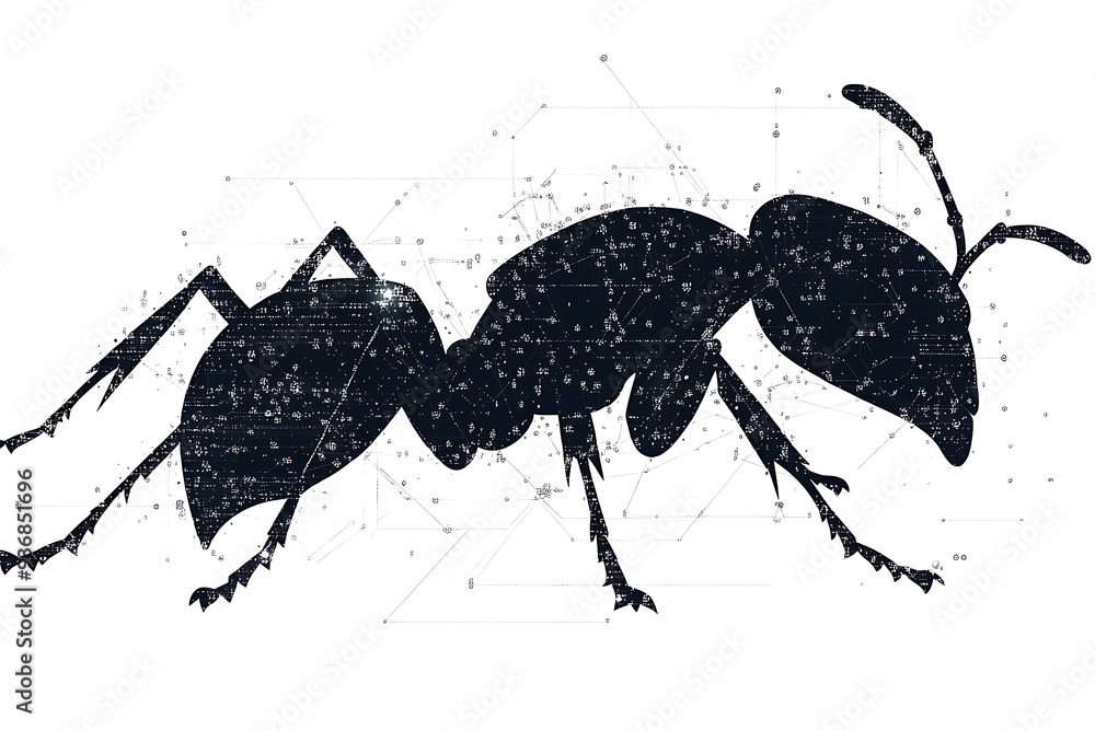 Poster a detailed digital wireframe illustration of an ant, featuring pixelated effects and abstract geomet