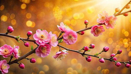 Vibrant plum blossoms, a symbol of good fortune and prosperity, bloom against a subtle golden background, exuding elegance and serenity in traditional Chinese culture.