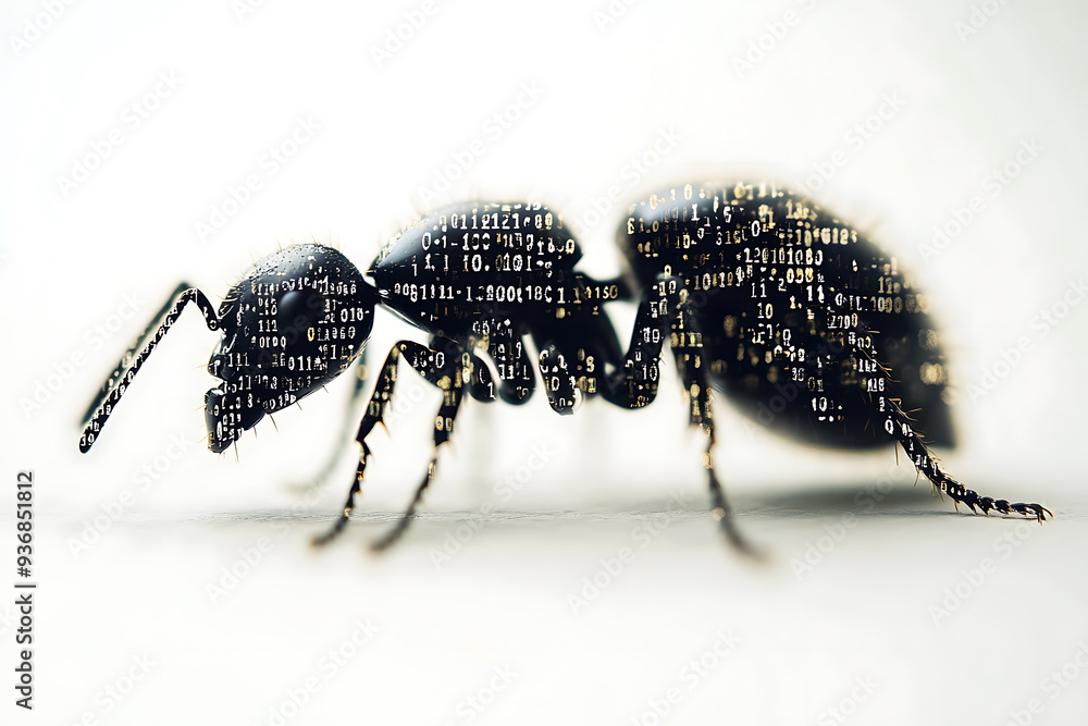 Poster a detailed digital wireframe illustration of an ant, featuring pixelated effects and abstract geomet