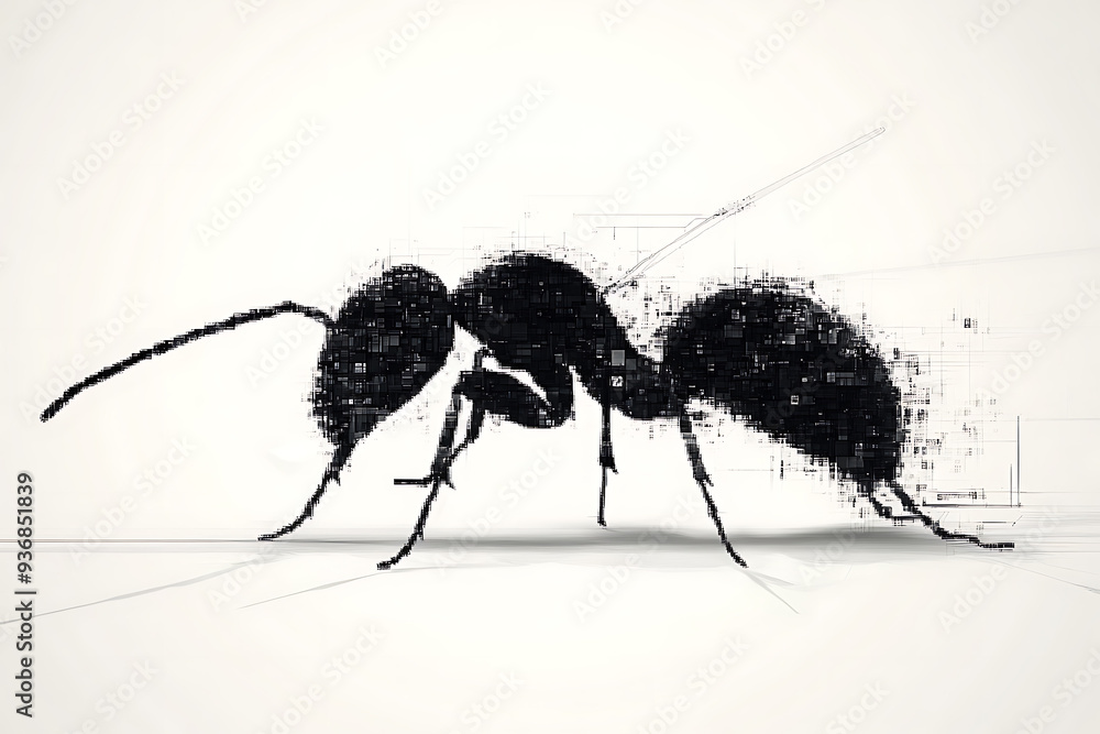 Poster a detailed digital wireframe illustration of an ant, featuring pixelated effects and abstract geomet