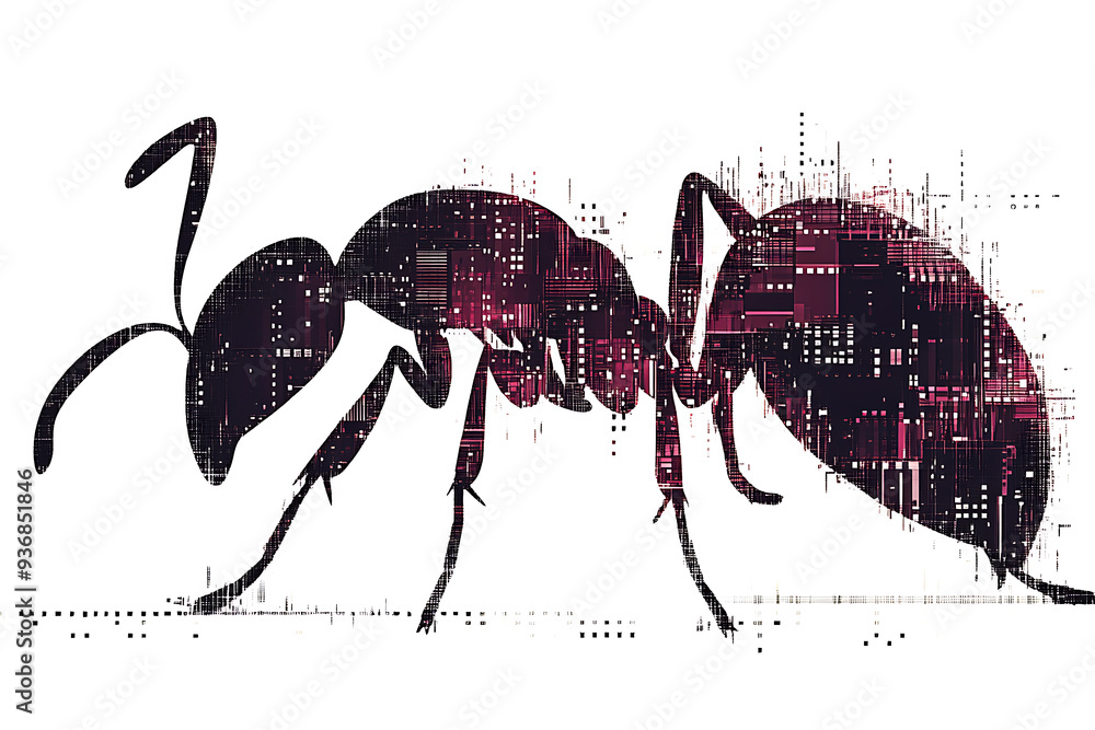 Poster a detailed digital wireframe illustration of an ant, featuring pixelated effects and abstract geomet