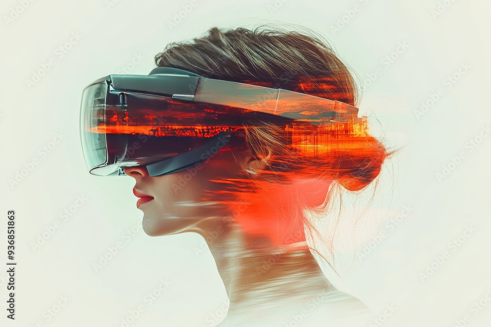 Poster a woman with a vr headset stands in front of a vibrant abstract digital background where flowing col