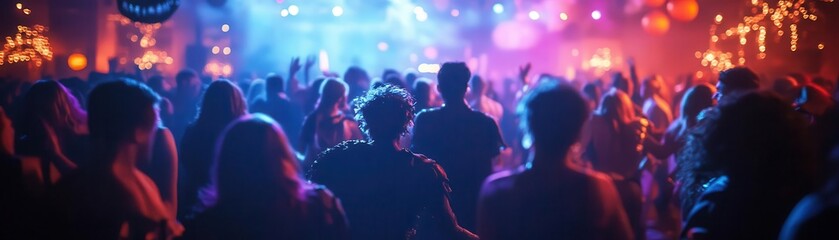 Monster mash dance floor with guests in scary costumes, dancing to Halloween tunes, Festive, Cool Tones, High Energy