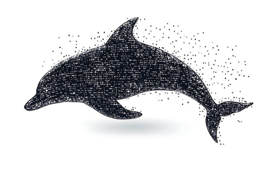 A digital illustration of a dolphin silhouette, rendered in a binary code pattern with a clean white background for a modern, tech-inspired look.
