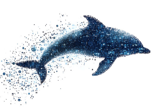 A digital illustration of a dolphin silhouette, rendered in a binary code pattern with a clean white background for a modern, tech-inspired look.
