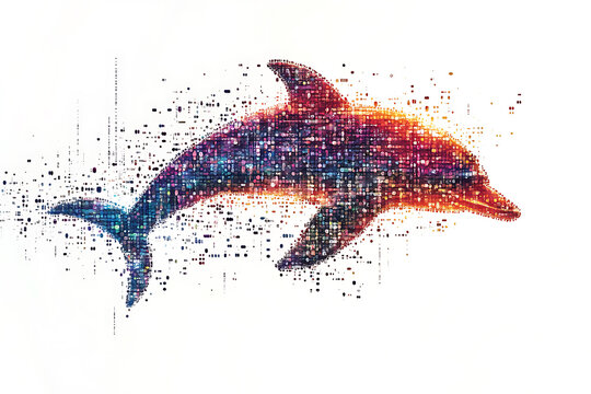 A digital illustration of a dolphin silhouette, rendered in a binary code pattern with a clean white background for a modern, tech-inspired look.
