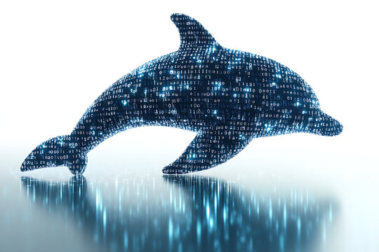 A digital illustration of a dolphin silhouette, rendered in a binary code pattern with a clean white background for a modern, tech-inspired look.
