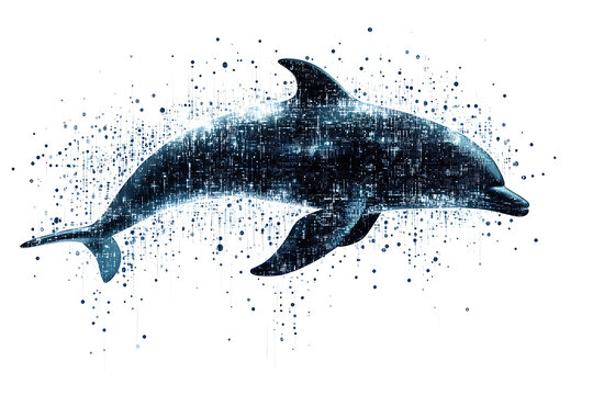 A digital illustration of a dolphin silhouette, rendered in a binary code pattern with a clean white background for a modern, tech-inspired look.

