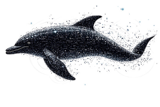 A digital illustration of a dolphin silhouette, rendered in a binary code pattern with a clean white background for a modern, tech-inspired look.
