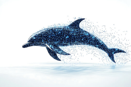 A digital illustration of a dolphin silhouette, rendered in a binary code pattern with a clean white background for a modern, tech-inspired look.
