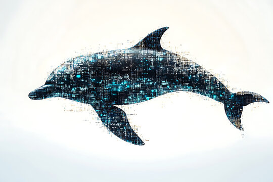 A digital illustration of a dolphin silhouette, rendered in a binary code pattern with a clean white background for a modern, tech-inspired look.
